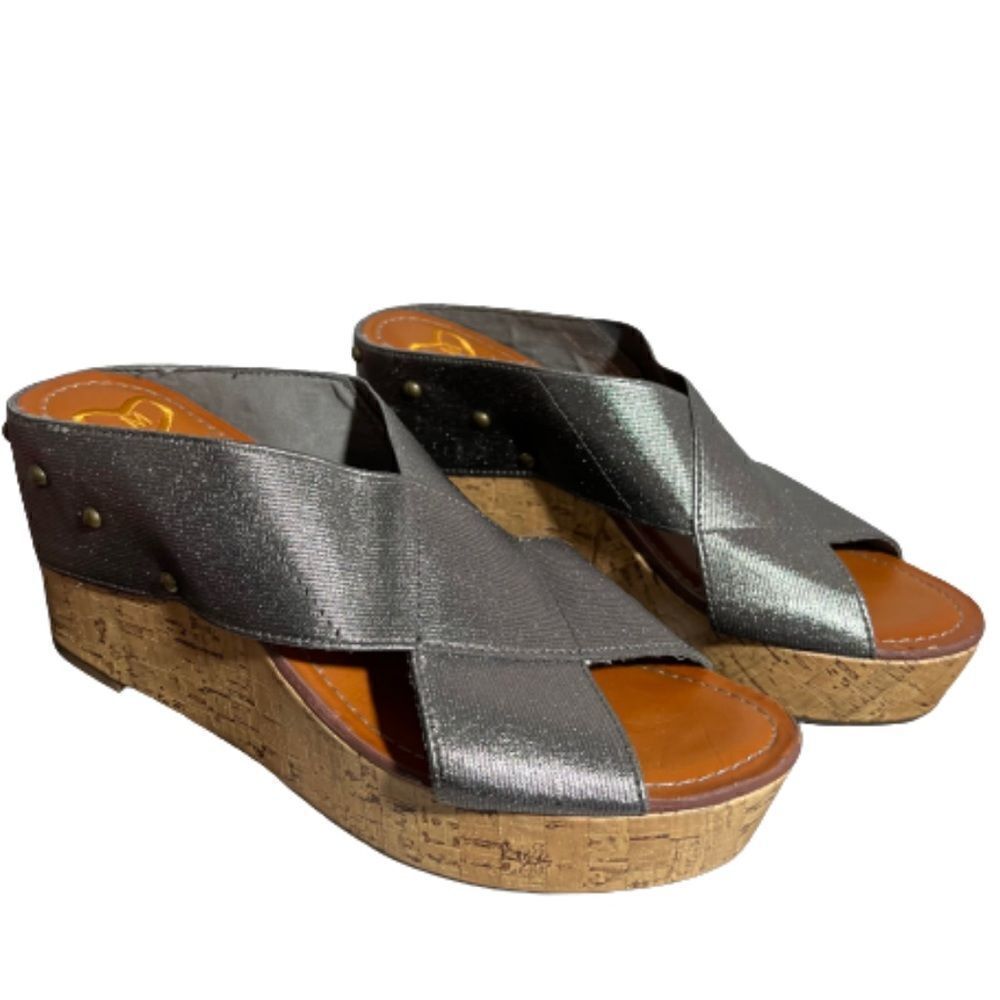 Madeline Adonis silver cross strap brass studded cork heels - 8M